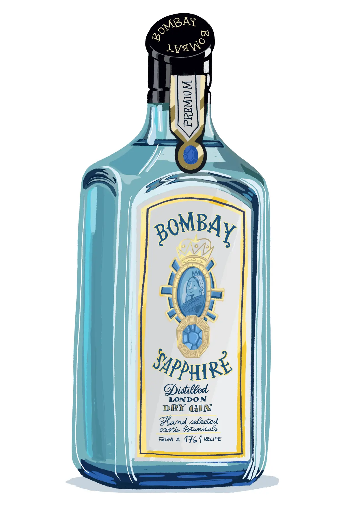 Digital illustration of a Bombay Sapphire gin bottle, showcasing its signature blue glass and elegant gold detailing.