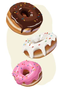 Digital illustration of three donuts, each decorated with colorful frosting and sprinkles.