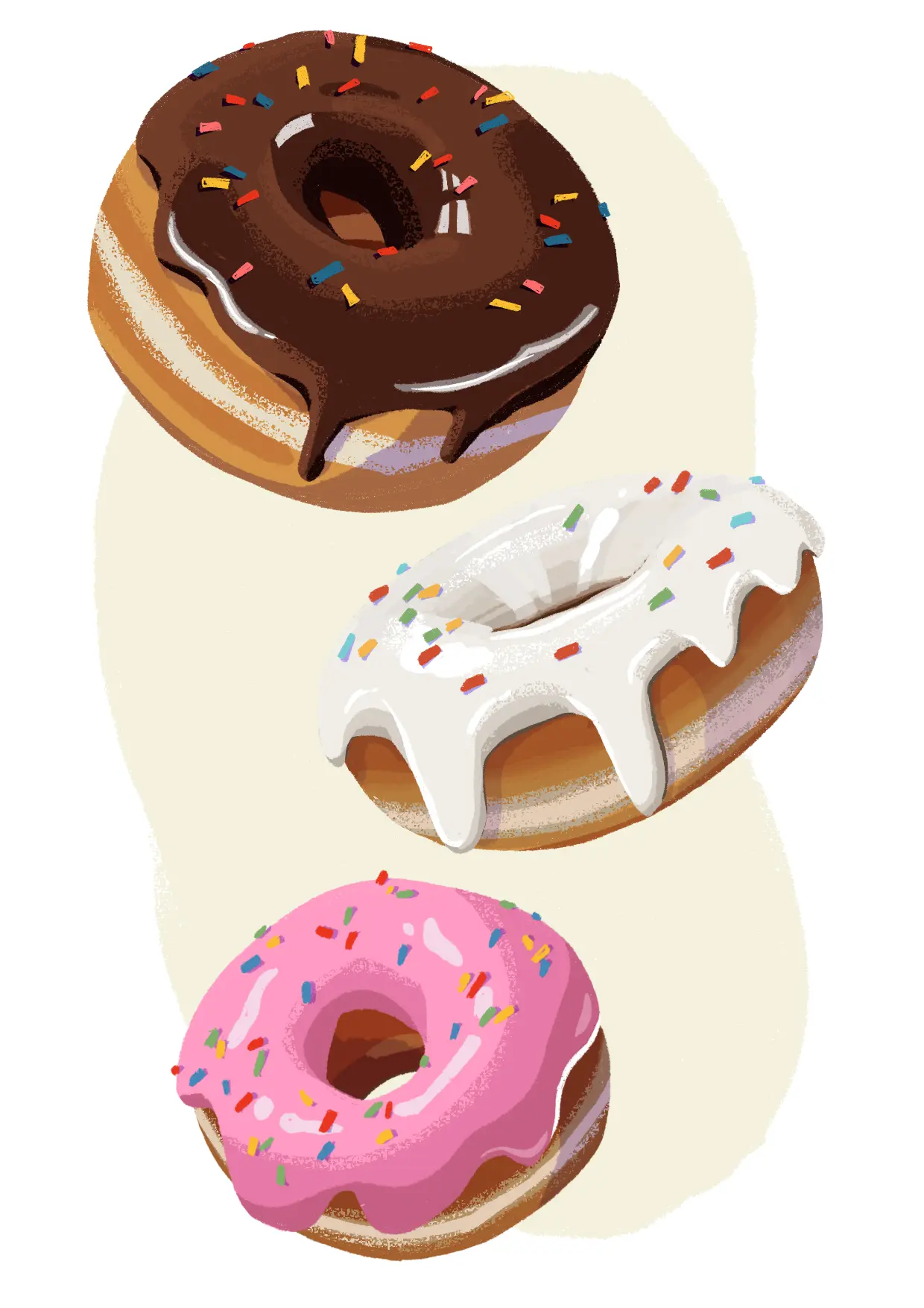 Digital illustration of three donuts, each decorated with colorful frosting and sprinkles.