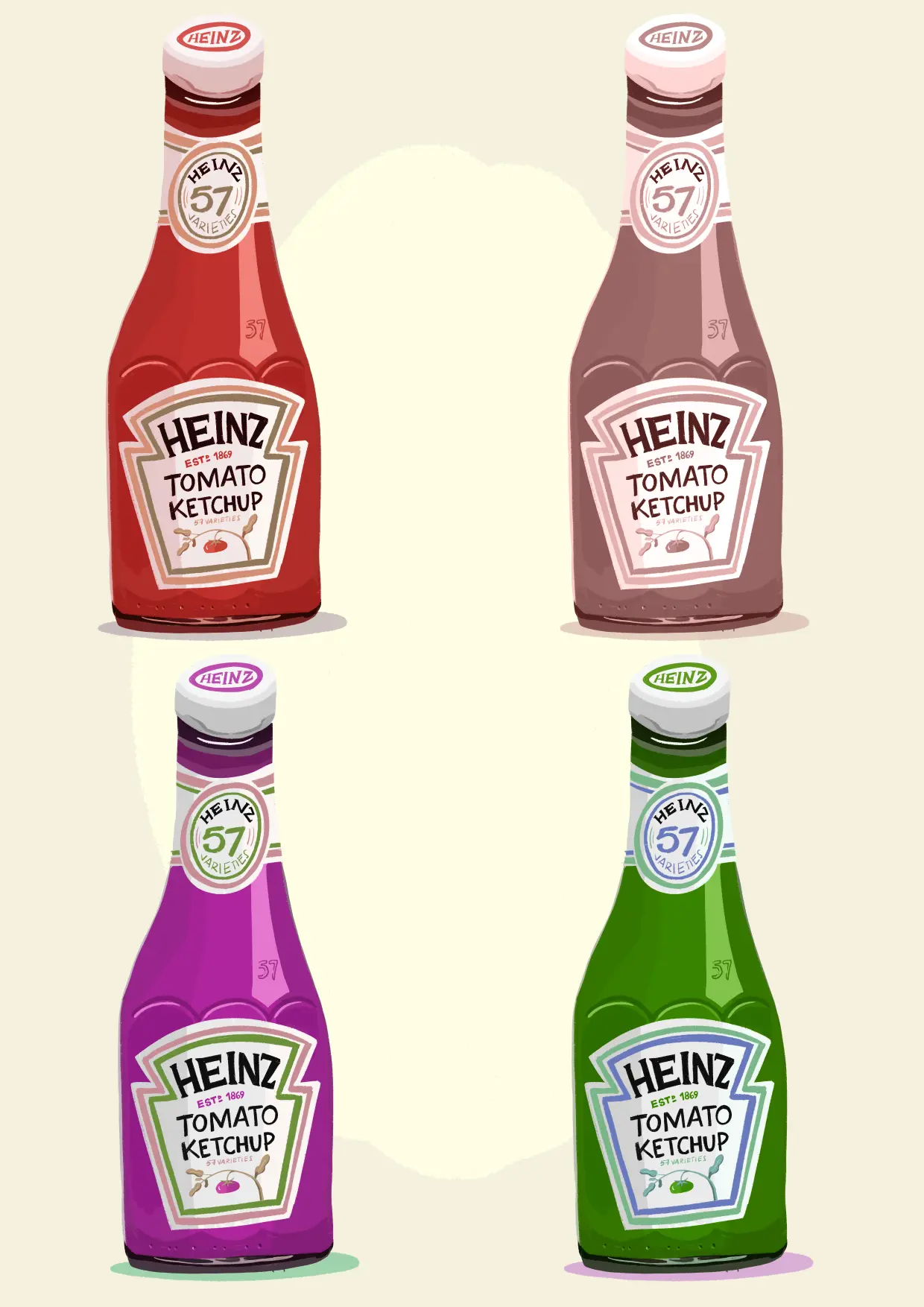 Digital illustration of a Heinz ketchup bottle, featuring its classic red label and iconic glass shape.